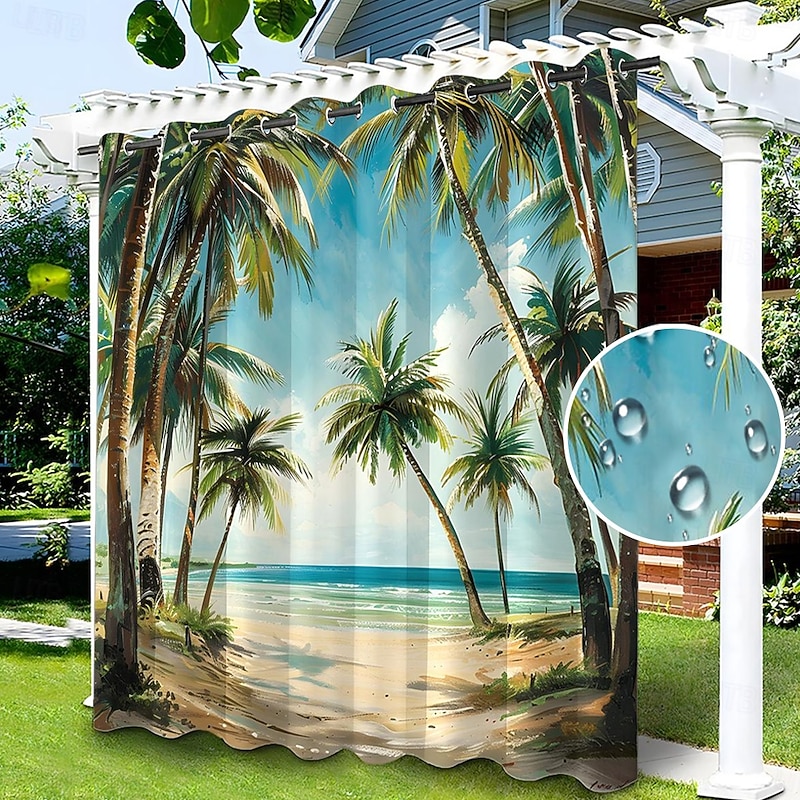 Waterproof Outdoor Curtain Privacy, Sliding Patio Curtain Drapes, Pergola Curtains Grommet Beach Palm Trees Landscape For Gazebo, Balcony, Porch, Party, 1 Panel