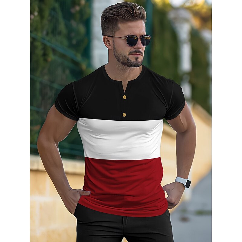 Men's Button T Shirt Henley Shirt Tee Short Sleeve Shirt Short Sleeve Henley Summer Color Block Fashion Designer Color Block Fashion Vacation Street Going out Black White+Black Yellow Top Tee for Men