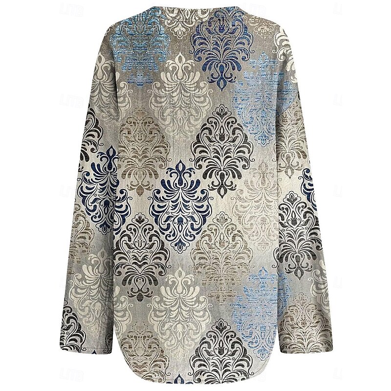 Women's Blouse Tunic V Neck Long Sleeve Boho Casual Tops Graphic Geometric Vintage Daily Regular Tops Daily Vacation Wear Print Blue2
