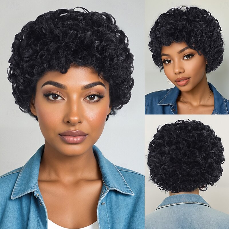 Synthetic Wig Bouncy Curl Curly Weave Bob Asymmetrical Machine Made Wig 10 inch A1 Synthetic Hair Women's Fashionable Design Classic Comfortable Black4