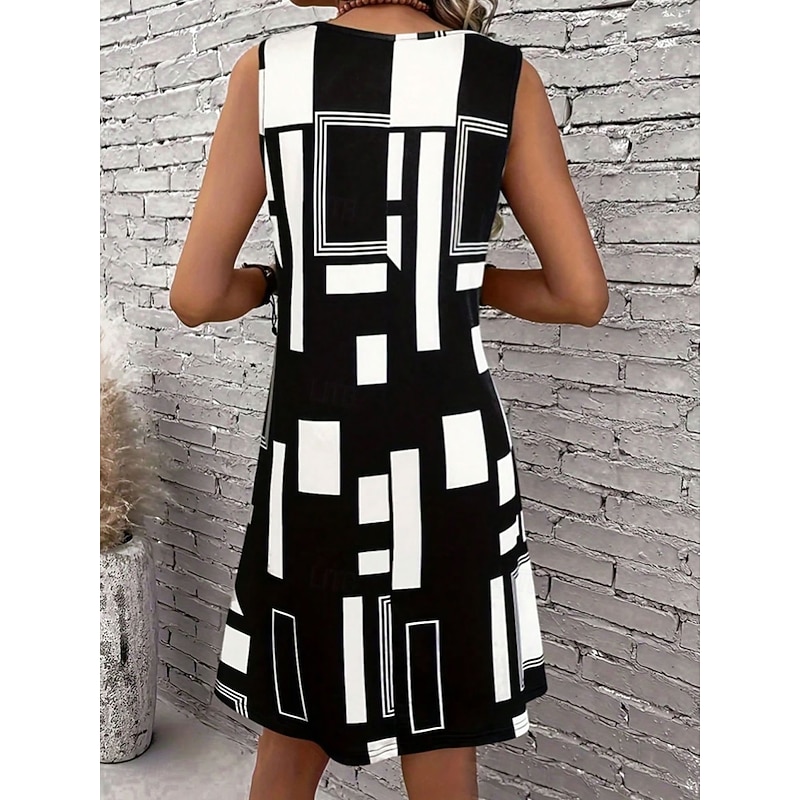 Women's Mini Dress A Line Dress Summer Dress Off The Shoulder Dress Vacation Casual Daily Loose Fit Graphic Geometric Sleeveless U Neck Black Summer2