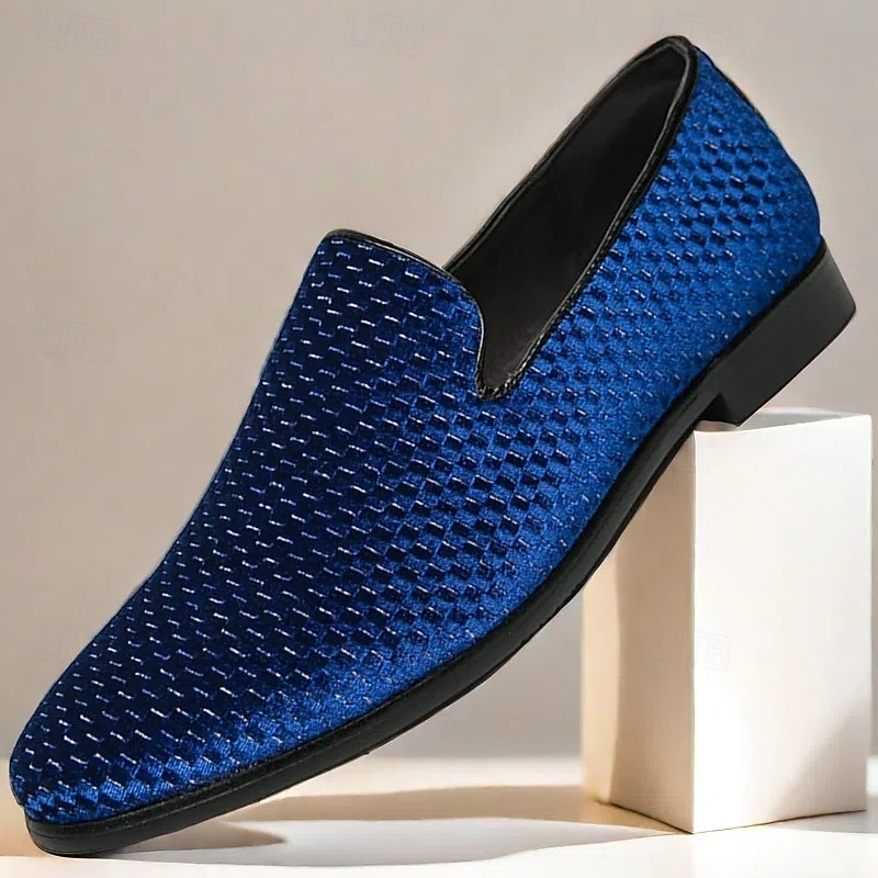 Men's Prom Shoes - Blue Textured Velvet Slip-On Loafers for Bold and Fashion-Forward Formal Wear
