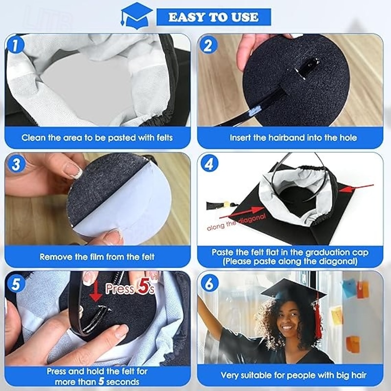 2 Pack Graduation Cap Headband, Black Anti-Fall Firm Hairband with Adhesive Insert, Secures Graduation Cap & Hairstyle, Essential Hat Accessories for Graduates,Students, Girls4