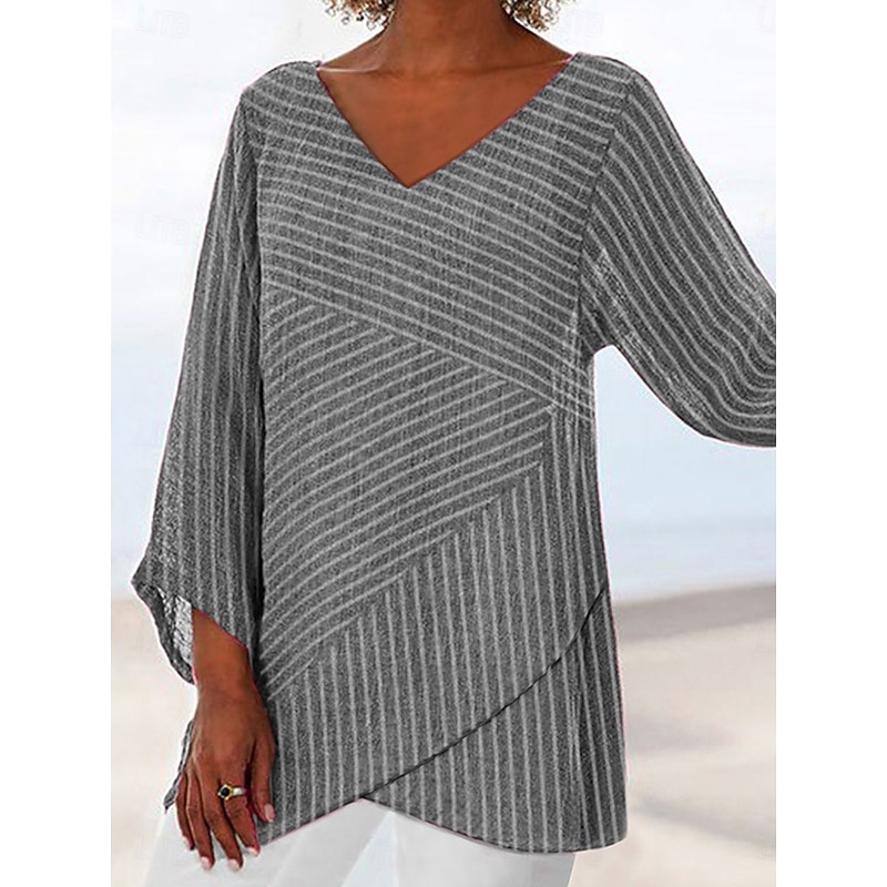 Women's Blouse Long Sleeve Asymmetrical Hem Graphic Striped Stylish Beach 3/4 Length Sleeve V Neck Regular Tops Daily Print Pink Blue Gray Spring Fall