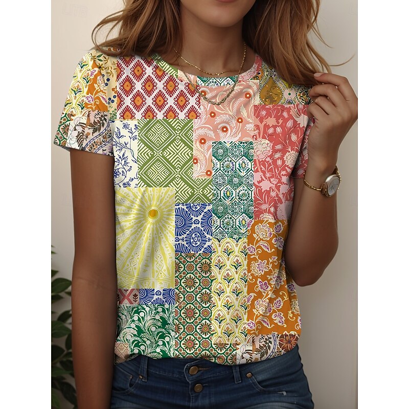 Women's T Shirt Floral Graphic Vintage Stylish Casual Short Sleeve Round Neck Regular Tops Daily Weekend Print Yellow Red Blue Light Blue Summer Spring4