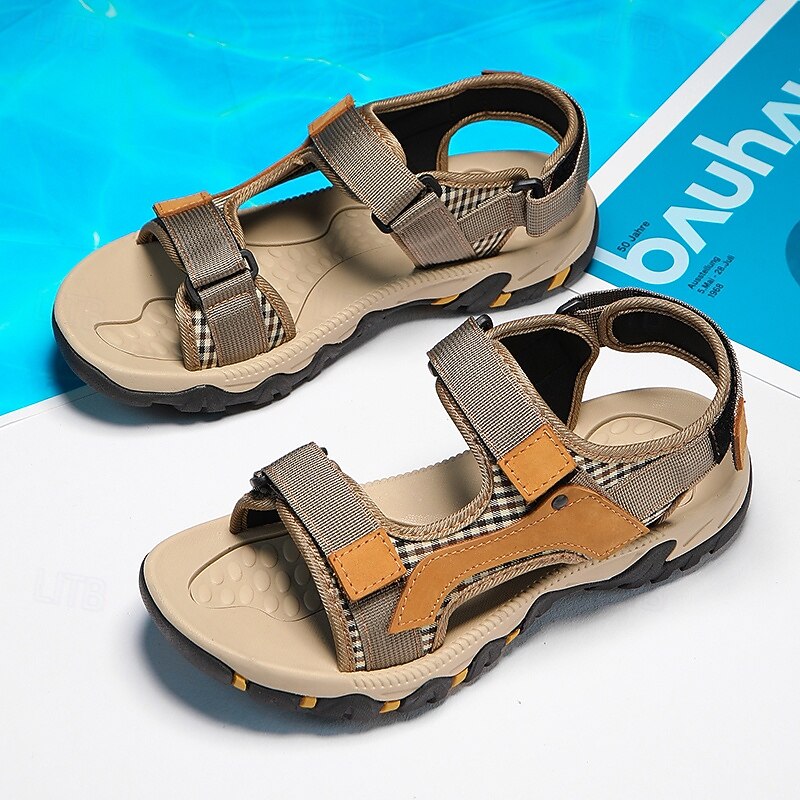 Men's Beige and Yellow Outdoor Hiking Sandals with Adjustable Velcro Straps, Breathable Fabric and Non-Slip Sole for Summer Adventures3