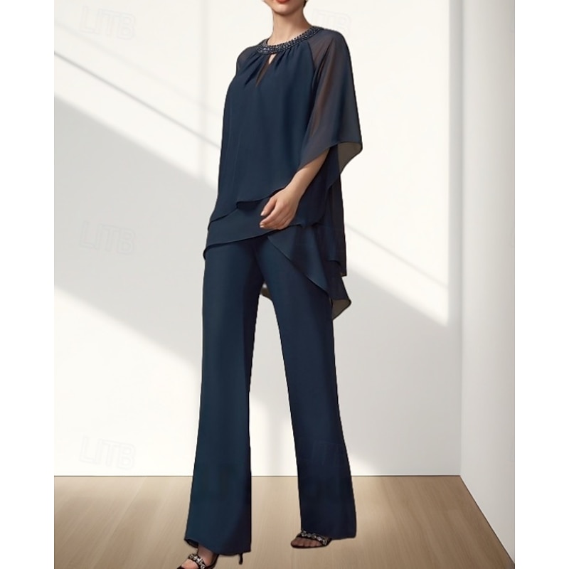 Two Piece Pantsuit Mother of the Bride Dress Wedding Guest Elegant Crew Neck Floor Length Chiffon 3/4 Length Sleeve with Beading Ruching4