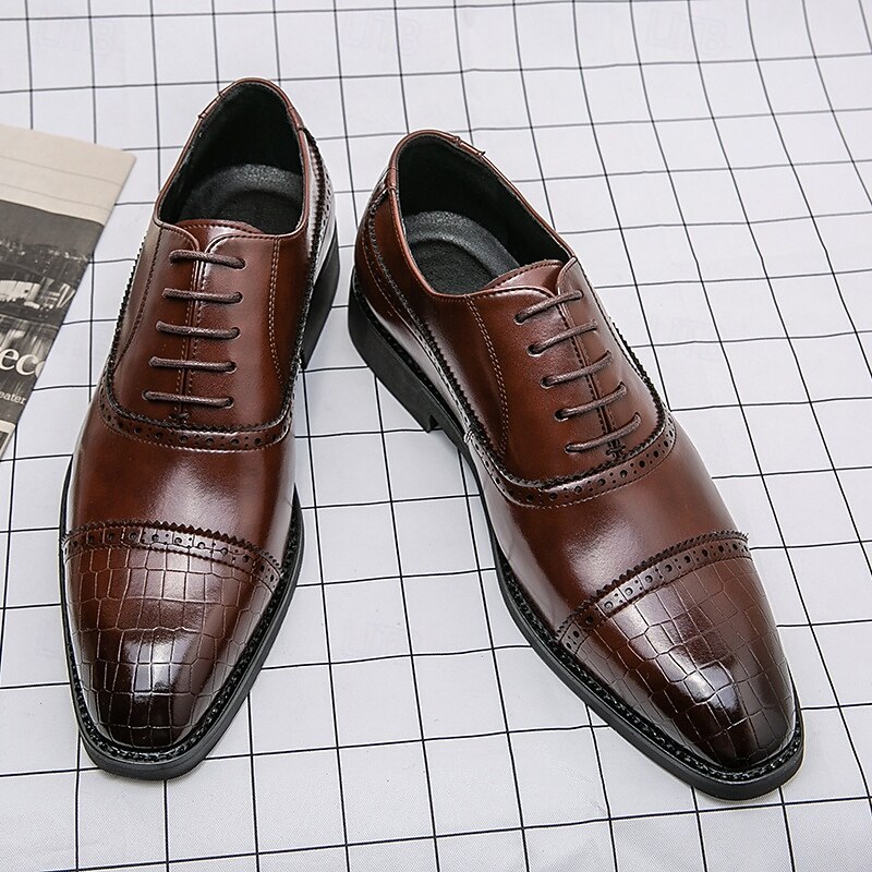 Elegant Brown Faux Leather Dress Shoes with Brogue Detailing for Professional and Business Settings4