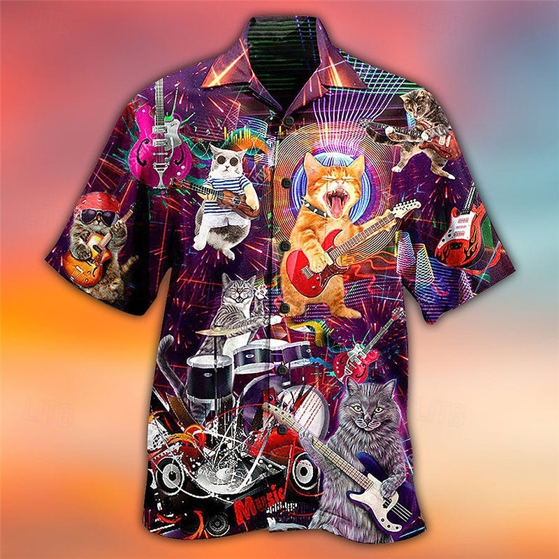 Men's Cat Guitar Shirt Summer Hawaiian Shirt Aloha Shirt Short Sleeve Shirt Turndown Tropical Fashion Hawaiian Casual Hawaiian Holiday Yellow Blue Light Purple S M L