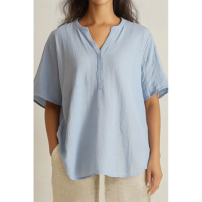 Women's Shirt Linen-Inspired Shirts Blouse Plain Basic Casual Short Sleeve V Neck Regular Tops Daily Holiday Orange Green Light Blue Summer