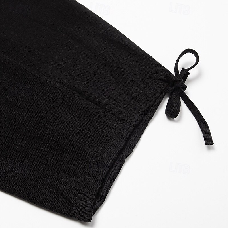 Men's Cargo Pants Linen Pants Trousers Summer Pants Beach Pants Drawstring Elastic Waist Multi Pocket Plain Comfort Breathable Ankle-Length Casual Daily Holiday Fashion Classic Style Black White2