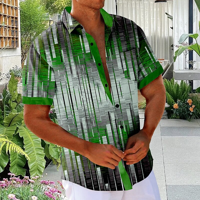 Men's Geometric Gradient Color Line Shirt Button Up Shirt Short Sleeve Fashion Casual Vacation Holiday Streetwear Summer Turndown 3D Print Front One Pocket Linen Like Shirt Red Purple Green2
