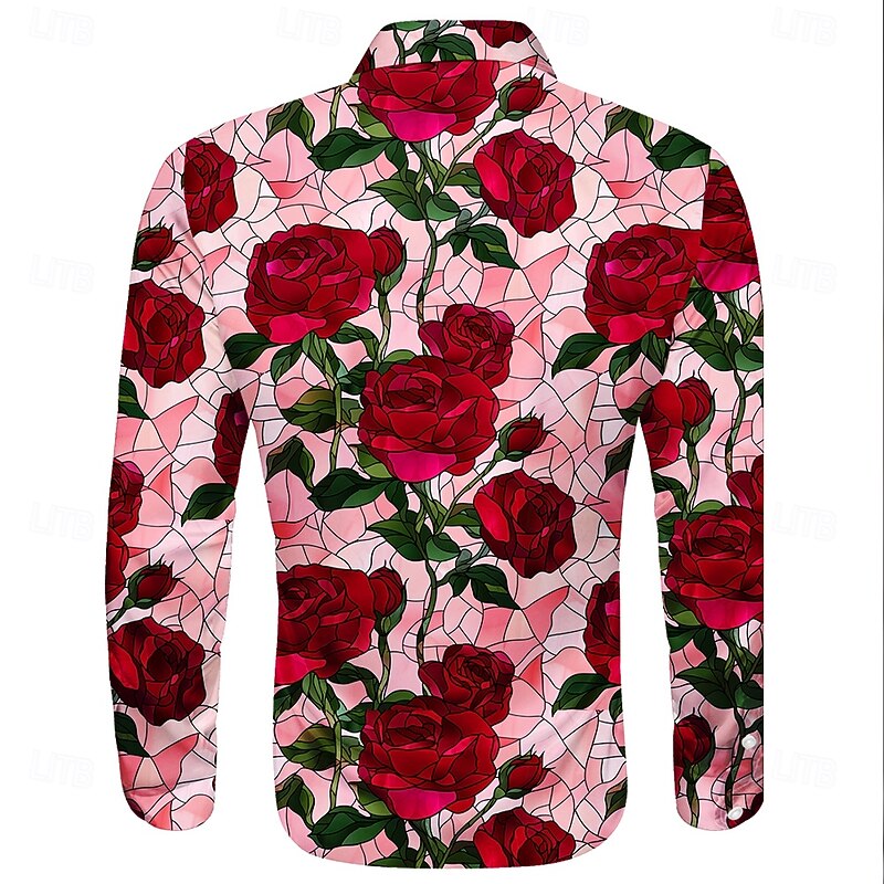 Men's Rose Flowers Satin Shirt Dress Shirt Button Up Shirt Long Sleeve Fashion Casual Wedding Vacation Evening Party Summer Spring Turndown Collared Shirts 3D Print Funny Kentucky Derby Shirts Pink2