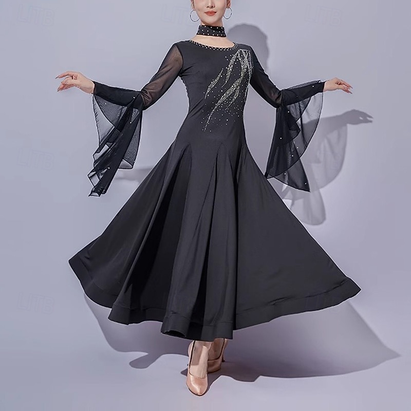 Ballroom Dance Dress Crystal / Rhinestone Splicing Women's Performance Training Long Sleeve Mesh Milk Fiber