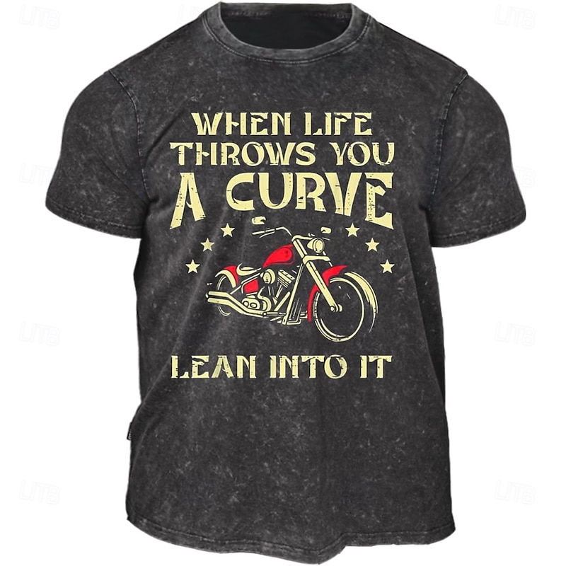 Men's Motorcycle Biker Graphic T-Shirt Short Sleeve - When Life Throws You A Curve Lean Into It Motivational Tee