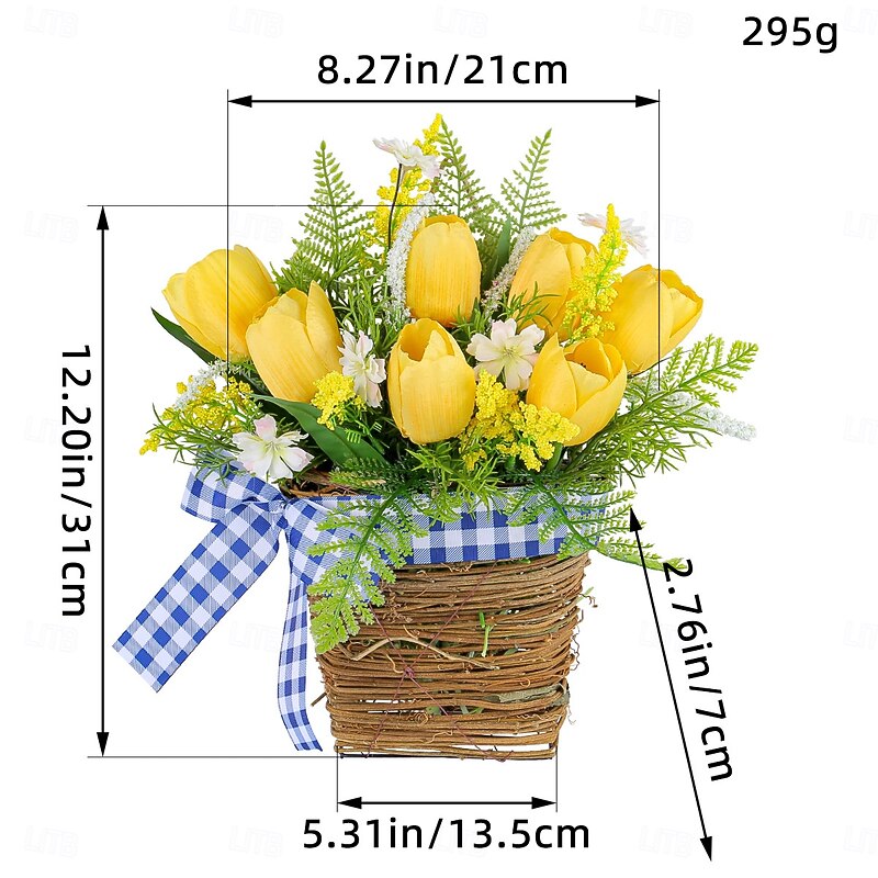 Spring Wreath Artificial Tulip and Greenery Vine Basket Hanging Decoration with Gingham Ribbon for Hotels, Cafes, Home Entryways3