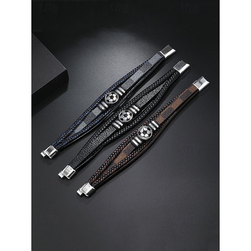 Men's Soccer Bracelet – Black Faux Leather Braided Wrap Bracelet with Football Charm, Sports-Inspired Jewelry for Casual Wear & Gifts3