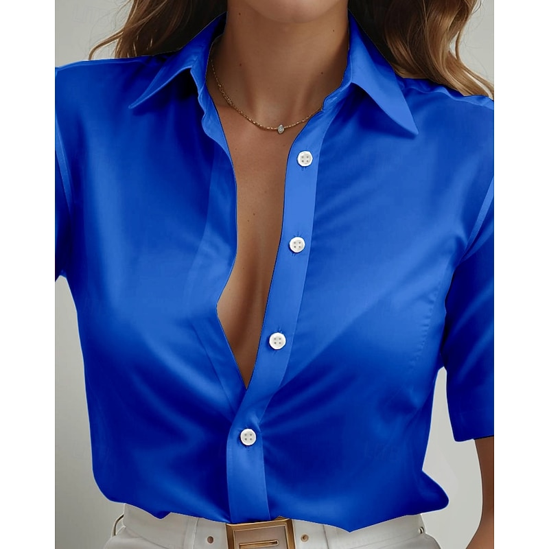 Women's Shirt Long Sleeve Button Down Blouse Solid Color Graphic Daily Stylish Short Sleeve Shirt Collar Regular Tops Daily Black White Wine Navy Blue Royal Blue Summer Spring3