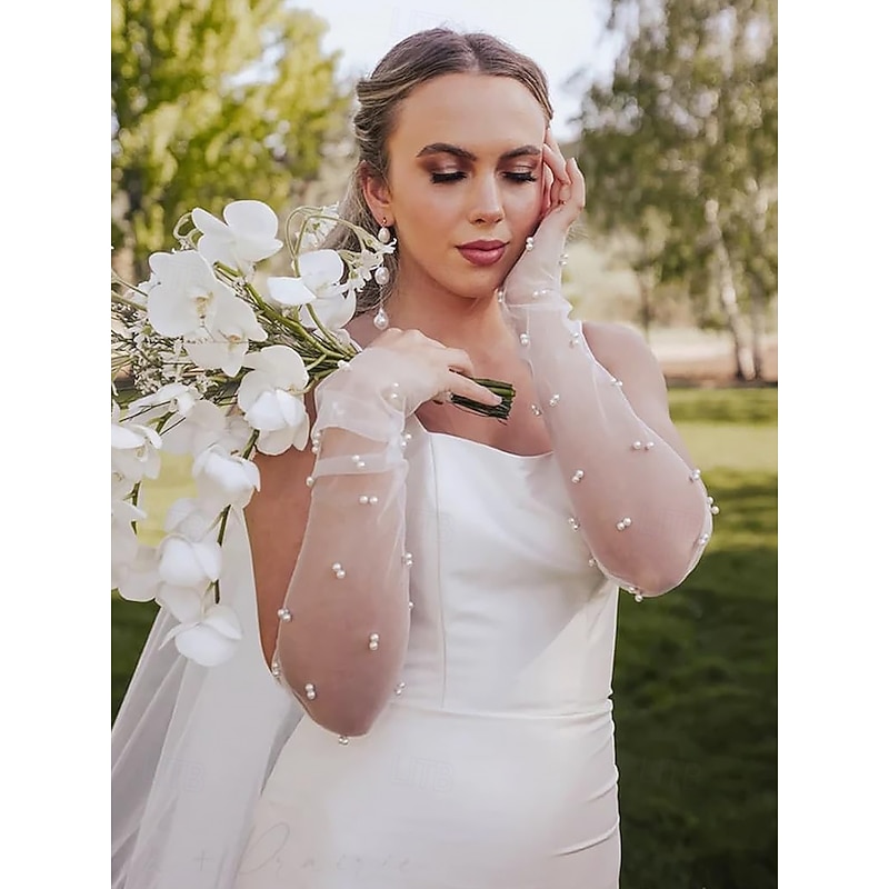 Elegant Sheer Pearl Bridal Gloves – Long Tulle Wedding Gloves for Women, Vintage Mesh Fingerless Sleeves, Formal Party & Special Occasion Accessory2