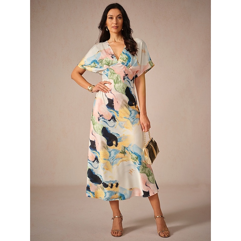 Women's Wedding Guest Dress Elegant Tie Dye Maxi Dress Short Sleeve V Neck Print Loose Fit Daily White Blue Purple Summer Dress2