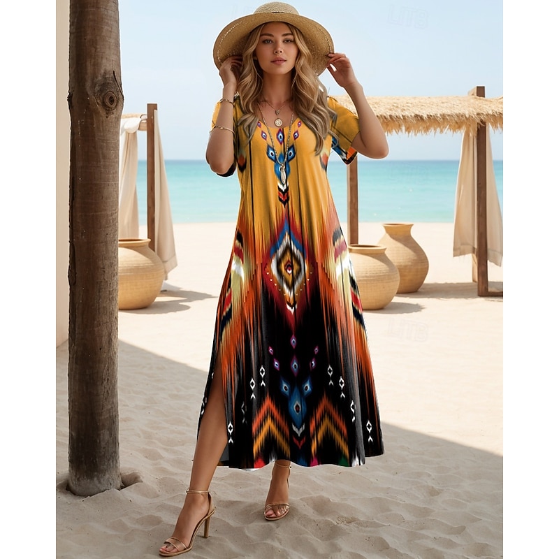 Women's Maxi Dress Black Dress Long Sleeve Boho Dress Elegant Bohemia Vacation Butterfly Sleeve Vacation Beach Regular Fit Floral Graphic Short Sleeve Crew Neck Maroon White Yellow Light Green3