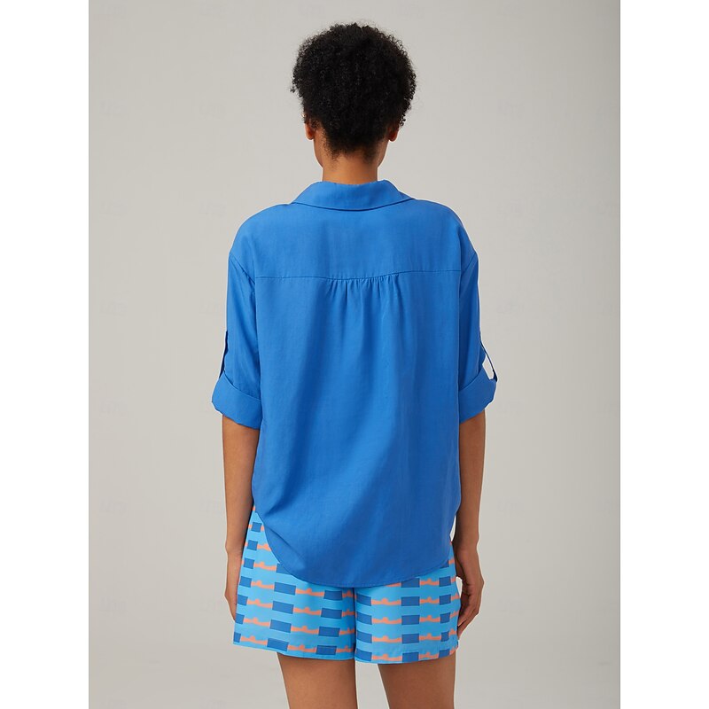 Vacation-Style Minimalist V-neck Blue Shirt3