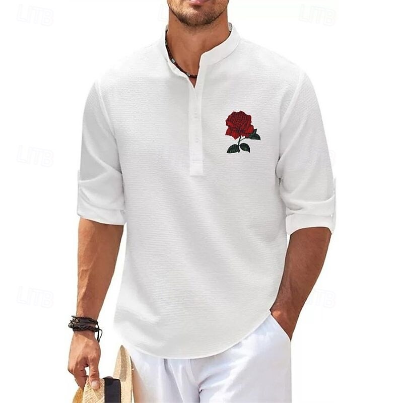 Men's Popover Shirt Summer Shirt Casual Shirt Beach Shirt Waffle Knit Shirt Black White Blue Sky Blue Dark Gray Long Sleeve Rose Classic Stand Collar Henley Vacation Hawaiian Buckle Clothing Apparel