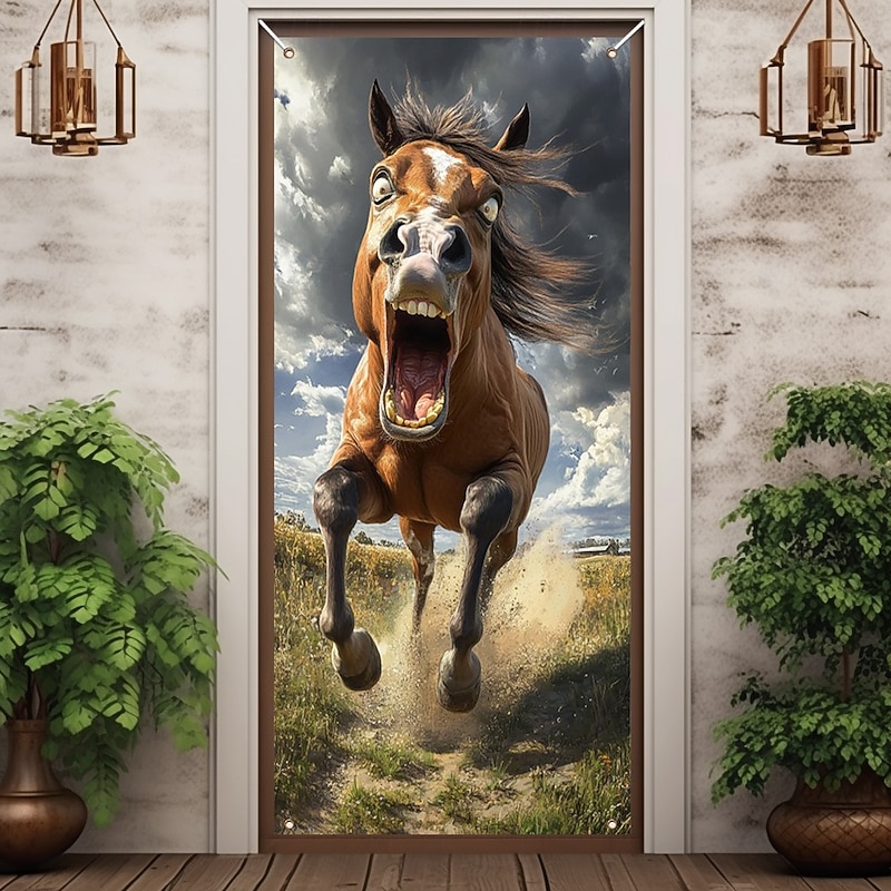 Funny Animal Door Decorations Door Covers Horse Door Tapestry Door Curtain Decoration Backdrop Indoor/Outdoor Door Banner for Front Door Farmhouse