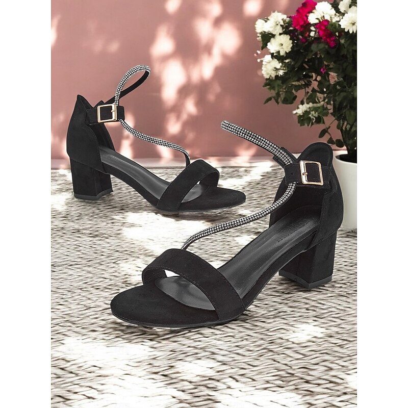 Women's Suede Block Heel Sandals – Elegant Rhinestone Ankle Strap Open-Toe Shoes for Parties, Weddings and Evening Events2