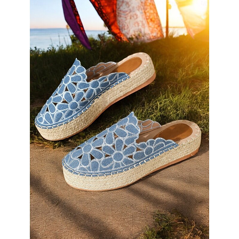 Women's Blue Lace Espadrille Mules – Floral Cutout Slip-On Platform Shoes for Summer, Casual Outings, and Beachwear4