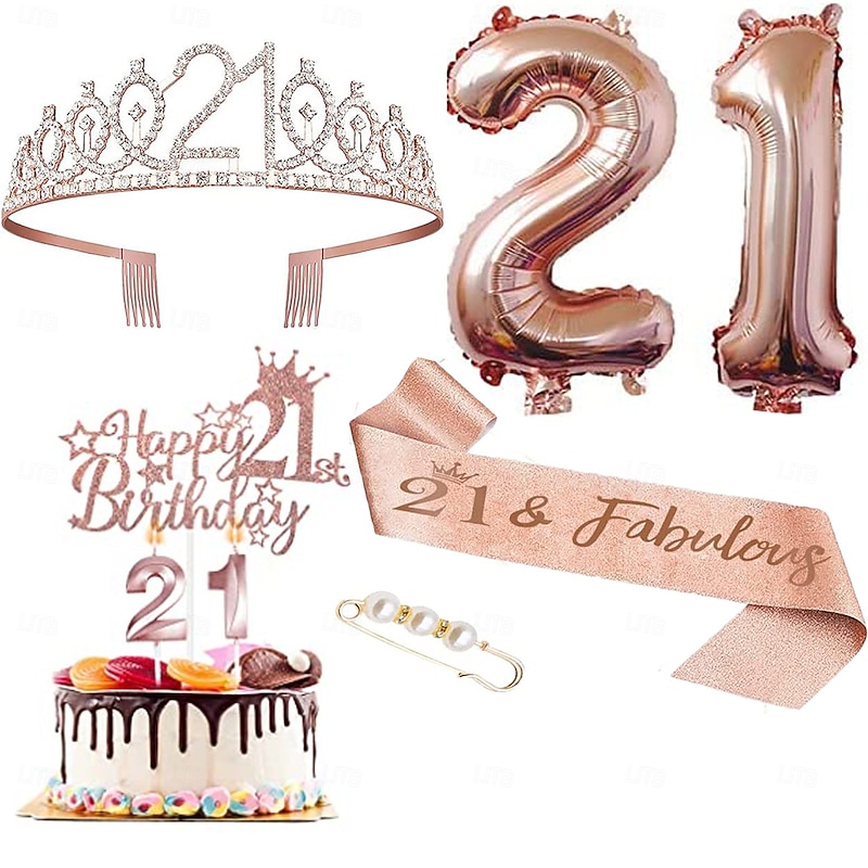 Birthday Party Rose Gold  Deluxe 6-Piece Set - Balloon Numbers (10-80), Tiara, Sash, Cake Candles, Cake Topper - for Girls & Women