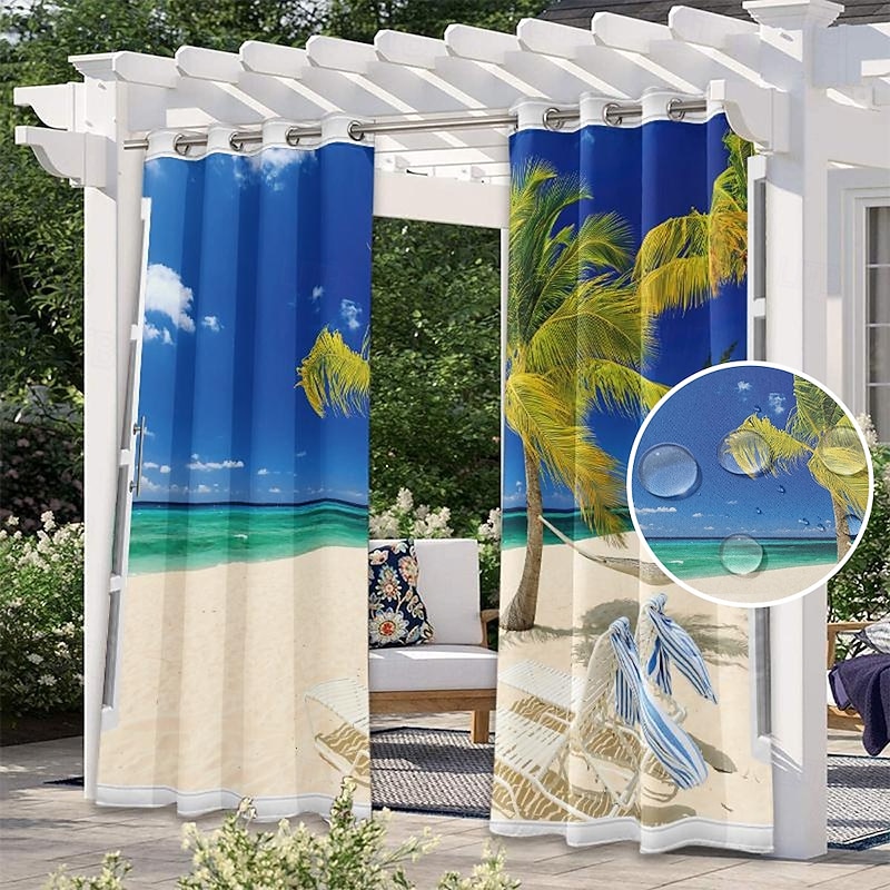 Outdoor Curtains Waterproof Windproof Weatherproof Curtain for Patio, Cabana, Porch, Pergola and Gazebo, Grommet Top Drape, 2 Panels Beach Palm