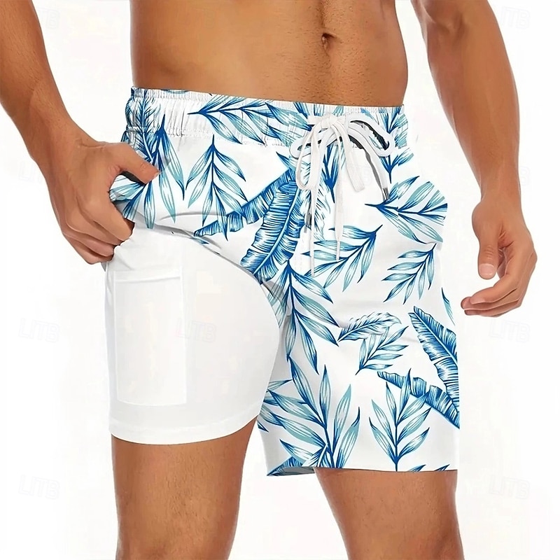 Men's Palm Leaf Tropical Plants Lined Shorts 2 in 1 Board Shorts Swim Trunks Mid Waist Hawaiian Vacation Beach Wear Side Pockets With Compression Liner Elastic Drawstring Waist Designer Clothing