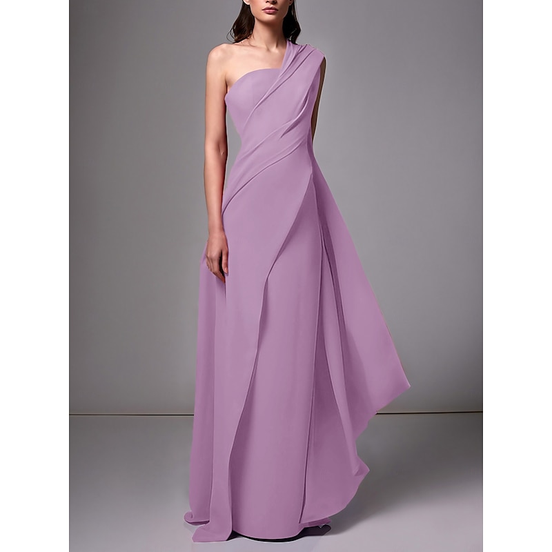 Beach Wedding Sheath Evening Gown Elegant Dress Formal Sweep / Brush Train Sleeveless One Shoulder Stretch Chiffon with Pleats Ruched Masquerade Dress4