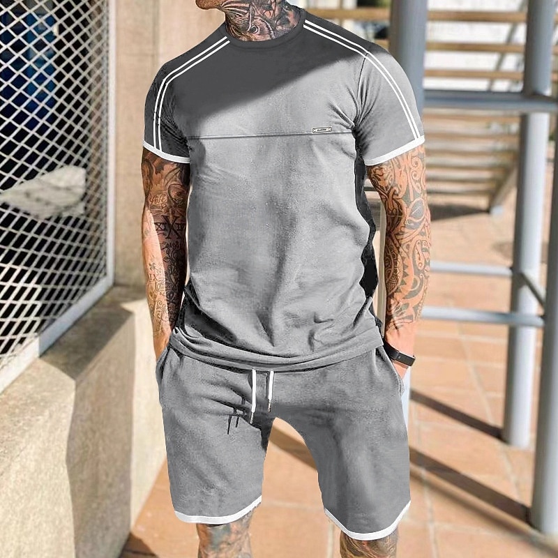 Men's Tracksuit T shirt & Shorts Outfit Set Crew Neck Outdoor Daily Sports Pocket Drawstring Patchwork Black Red Light Grey Polyester Activewear Streetwear Lightweight Summer4