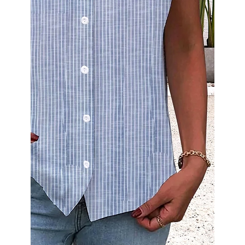 Women's Blouse V Neck Button Down Blouse Graphic Striped Vintage Stylish Ethnic Short Sleeve Notched Neck Regular Tops Daily Buttons Print Light Blue Summer Spring3