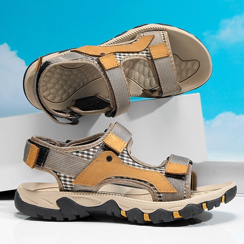 Men's Beige and Yellow Outdoor Hiking Sandals with Adjustable Velcro Straps, Breathable Fabric and Non-Slip Sole for Summer Adventures2