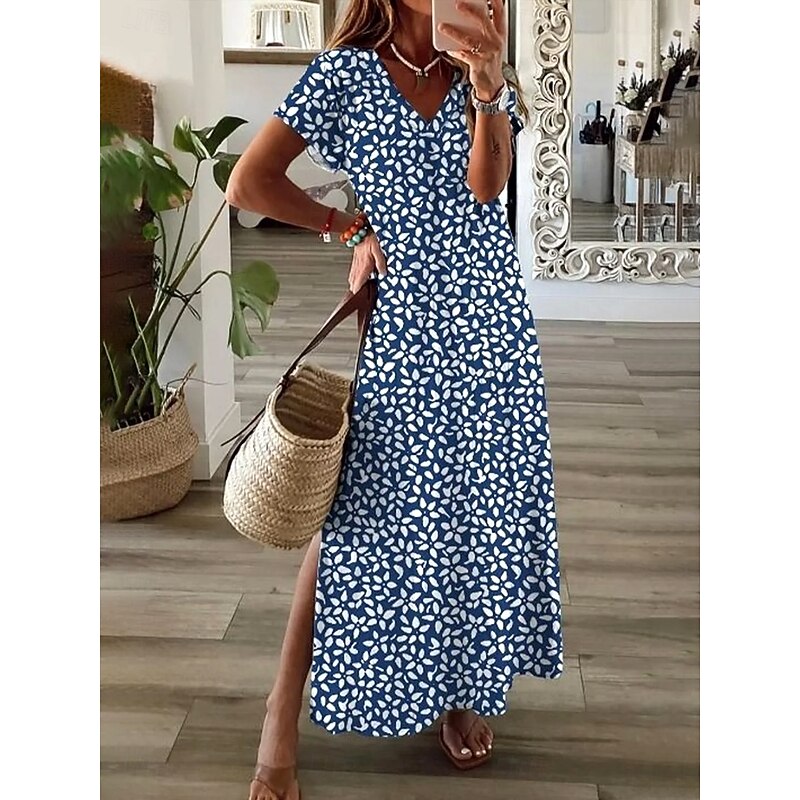 Women's Maxi Dress A Line Dress Summer Dress Elegant Vacation Casual Vacation Daily Regular Fit Floral Graphic Polka Dot Short Sleeve V Neck Dusty Blue Summer Spring Fall