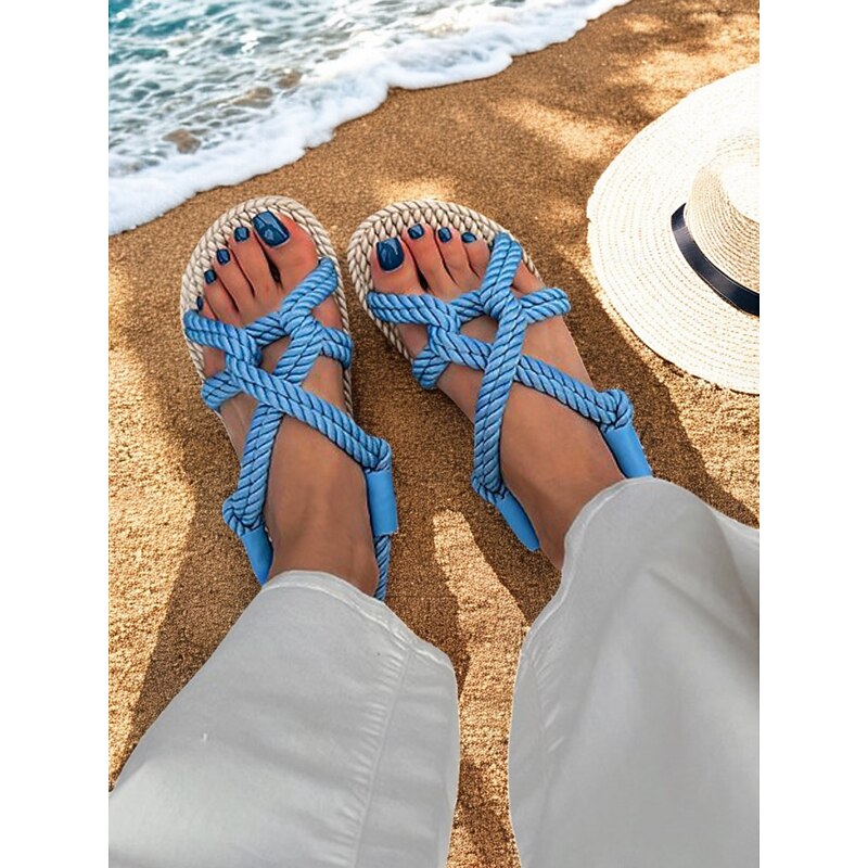 Women's Blue Rope Sandals – Handmade Knotted Strappy Flat Sandals for Summer, Beach Vacations, and Casual Wear