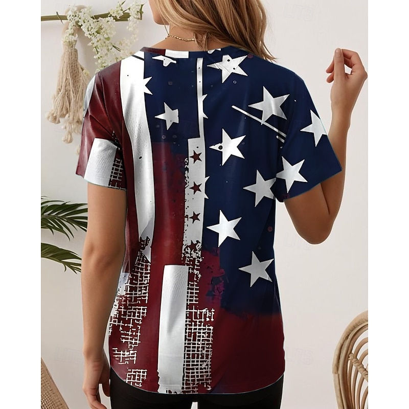 Women's Patriotic  T Shirt Flag Flag National Flag Stylish Casual Red White And Blue Short Sleeve V Neck Regular Tops Daily Print Blue Summer Spring2