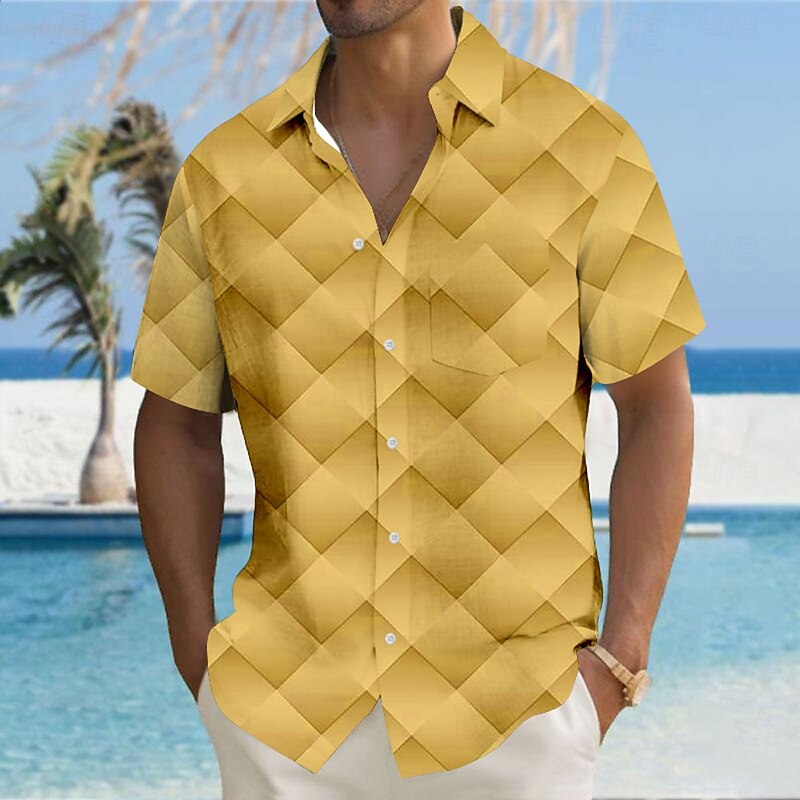 Men's Geometric Grid / Plaid Shirt Button Up Shirt Short Sleeve Fashion Casual Vacation Holiday Streetwear Summer Turndown 3D Print Collared Shirts Front One Pocket Yellow Blue Green Gray4