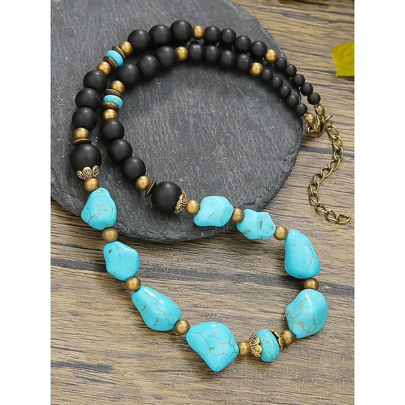 Handmade Natural Stone Beaded Necklace for Men – Vintage Boho Style Turquoise & Black Agate Choker, Tribal Jewelry for Beach, Travel & Casual Wear4