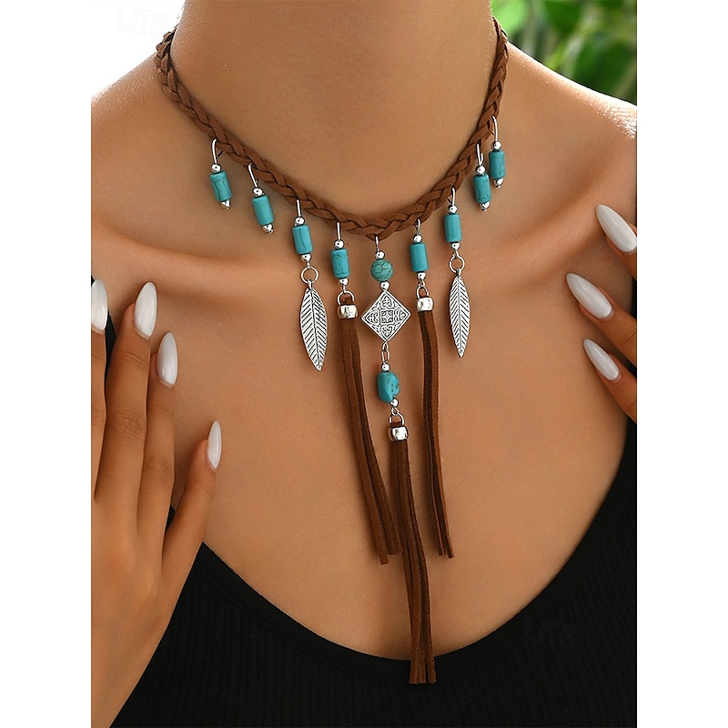 Women's Bohemian Braided Leather Necklace with Turquoise Beads, Feathers and Tassels - Perfect for Music Festivals and Holiday Outfits - Main Image