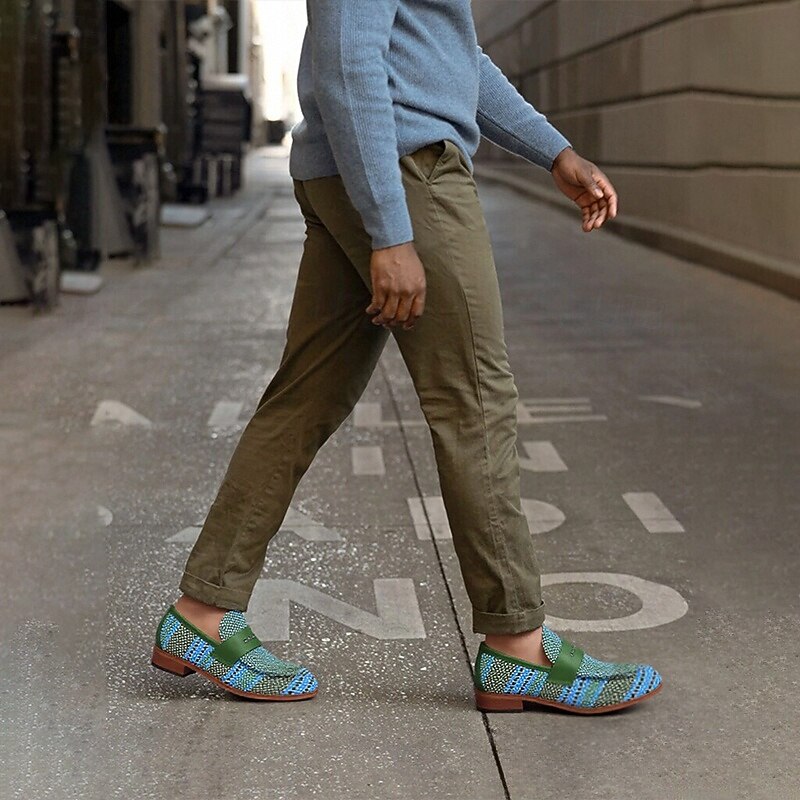 Men's Green Nylon Woven Beaded Buckle Loafers - Unique Casual Footwear2