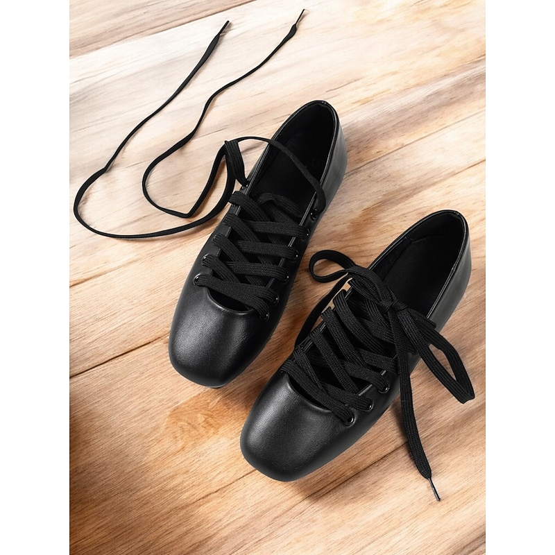 Women's Black Lace-Up Ballet Flats – Elegant Vintage-Inspired Strappy Shoes for Casual, Dressy, and Evening Wear