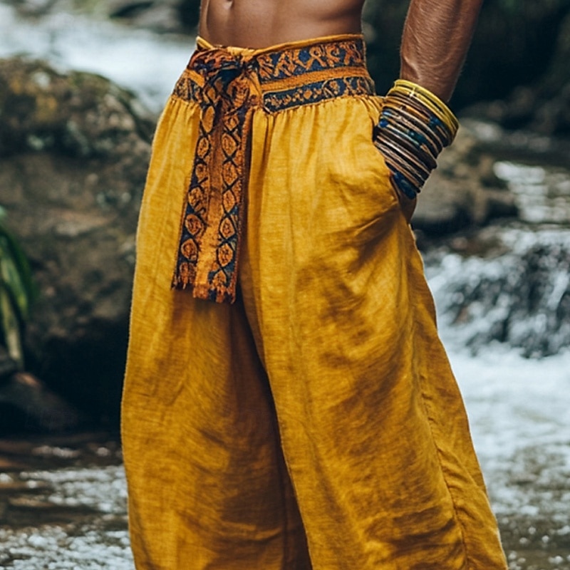 Men's Cotton Linen Pants Summer Pants Bloomers Baggy Pants Pocket Color Block Comfort Breathable Daily Holiday Retro Vintage Chinese Style Yellow4