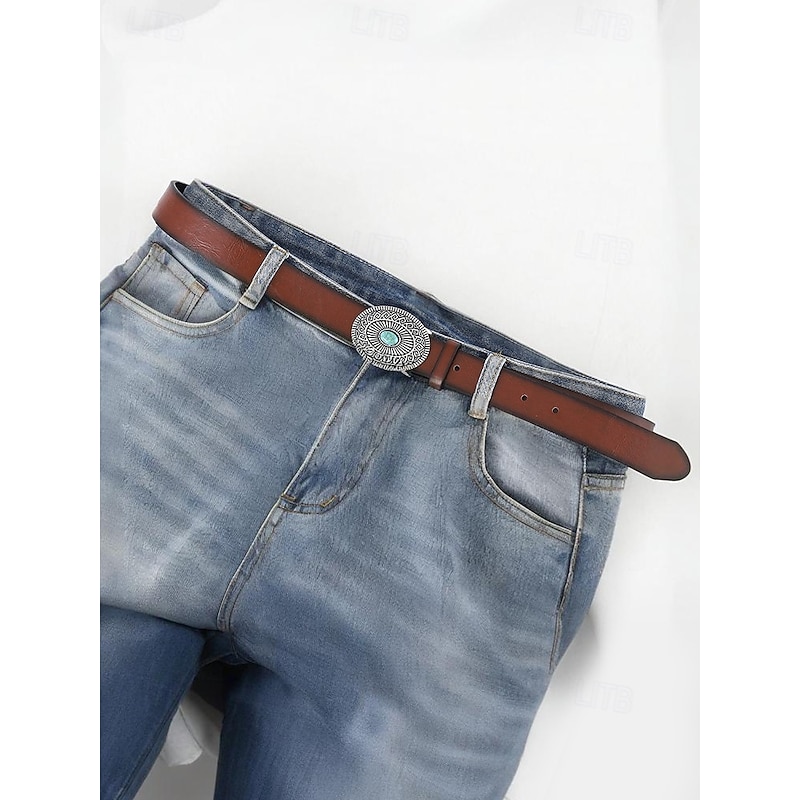 "Vintage Western Faux Leather Belt for Women – Boho Turquoise Concho Buckle, Adjustable Cowgirl Waist Belt for Festivals & Casual Wear"4