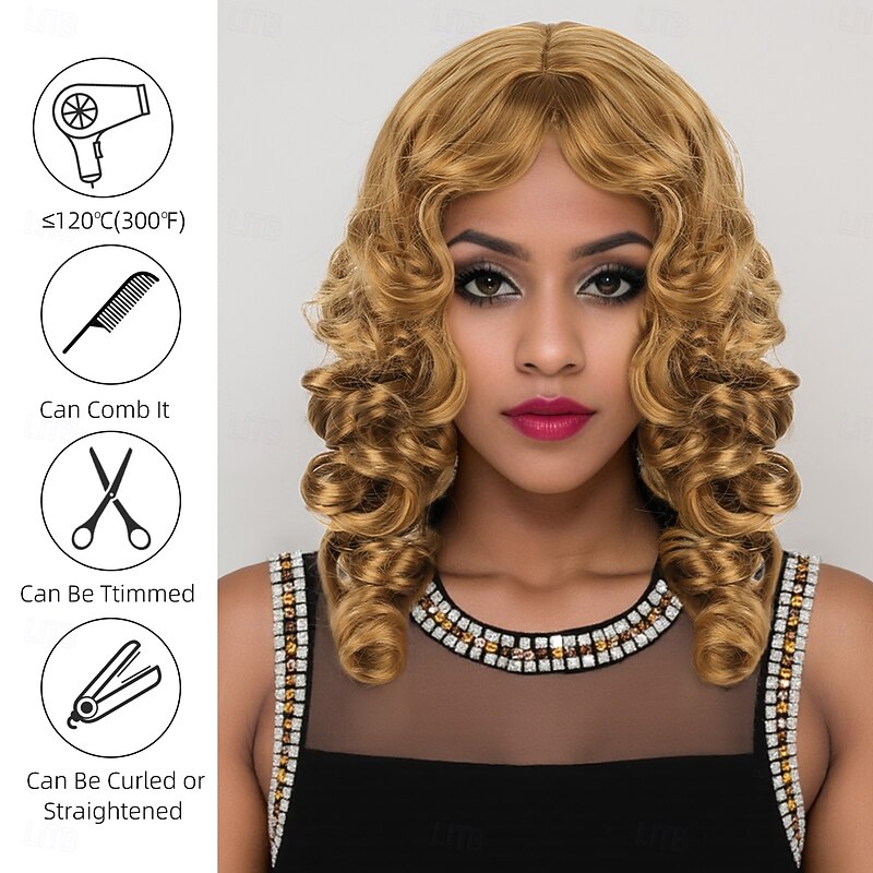 Synthetic Wig Wavy Water Wave Layered Haircut Deep Parting Machine Made Wig 20 inch A1 Synthetic Hair Women's Fashionable Design Comfortable Highlighted / Balayage Hair Yellow3