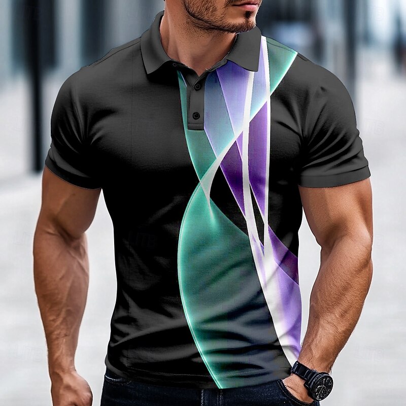 Men's Geometic Line Polo Short Sleeve Polo Shirts Collared Shirts Casual School Outdoor Daily Wear Home Wear 3D Print Summer Spring Fall Yellow Blue Purple2