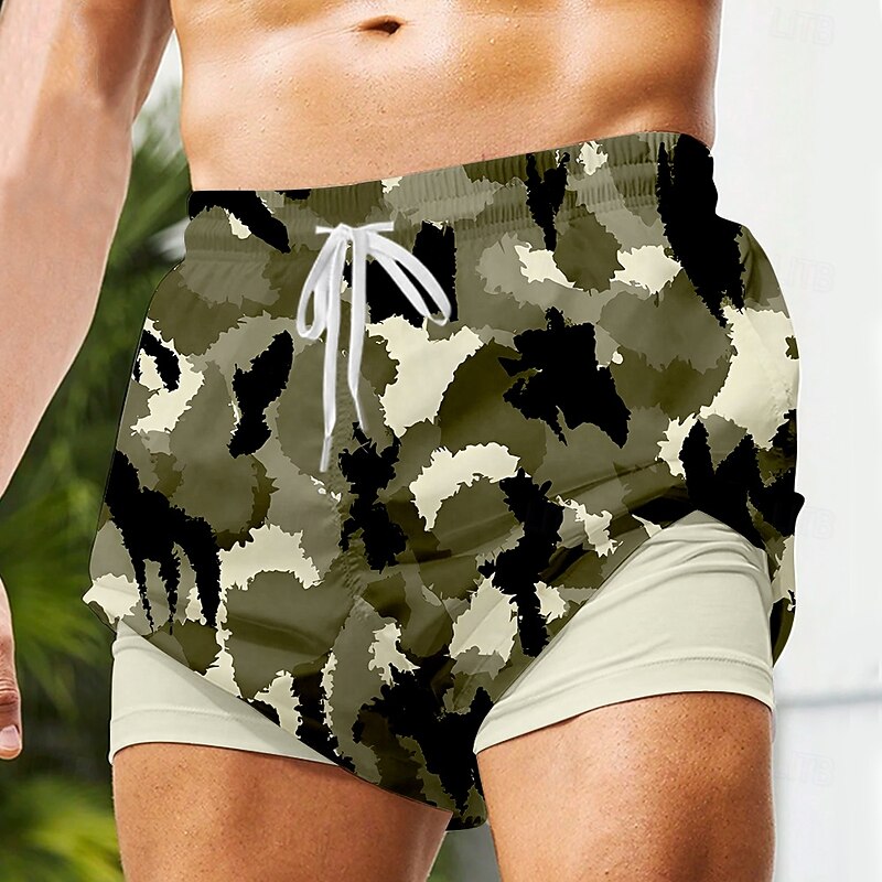 Men's Camouflage Lined Shorts 2 in 1 Board Shorts Swim Trunks Mid Waist Hawaiian Vacation Holiday Beach Wear Side Pockets With Compression Liner Elastic Drawstring Waist Designer Clothing Apparel